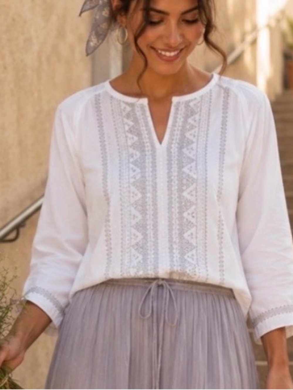 Pure Jill Elements White Peasant Top w Gray Embroidered in Soft Cotton Blend (S)